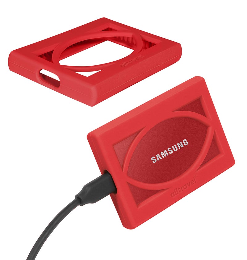 Alltravel غطاء واقي خارجي لمحرك الأقراص الصلبة من Alltravel لجهاز Samsung T7 وT7 Touch - 1TB، 2TB، 500GB - محركات أقراص صلبة خارجية USB 3.2، واقي قوي للغاية ضد الصدمات، الاهتزاز والسقوط (أحمر) - Image 1